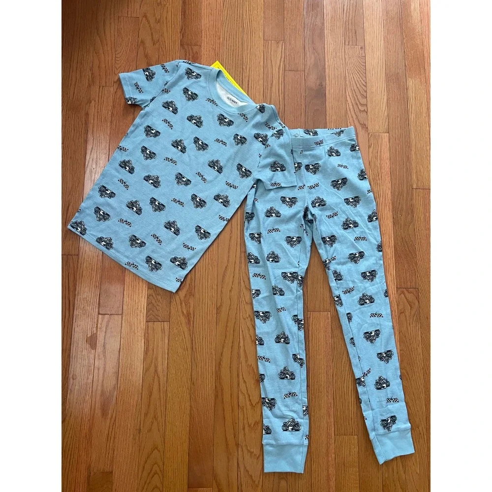 Old Navy Kids XL 12 Motorcycle Racing Pajama Set Blue 2pc Short Sleeve NWT